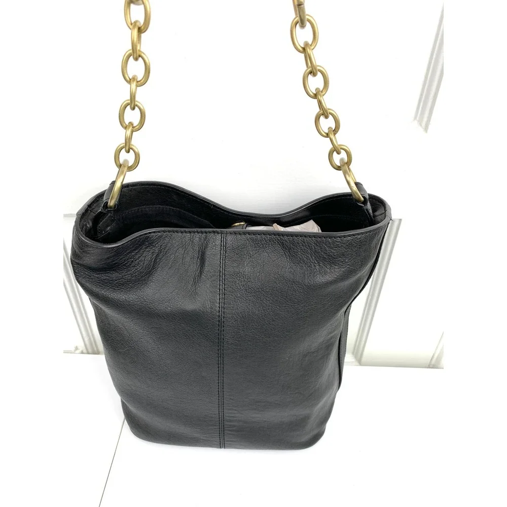 Laundry by Shelli Segal Black Leather Hobo Bucket Purse Gold Chain Strap Medium